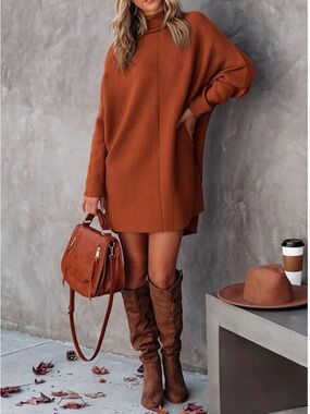 Cozy Cowl Neck Sweater Dress in Rust